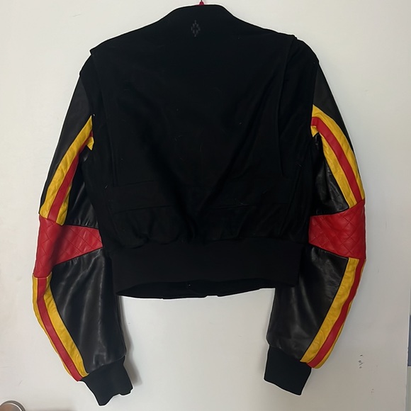 Black letterman jacket moto leather sleeves. Red & yellow piping. Red elbow. - Picture 2 of 4